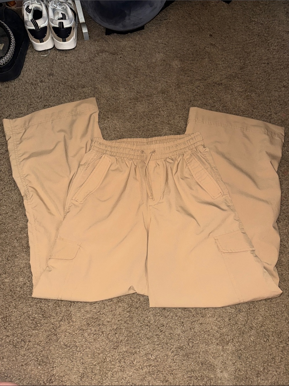 Wide Leg Cargo Pants in Beige - Elastic Waist